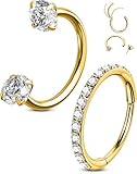 OUFER 2PCS Gold Nose Rings Hoops, 20g Double Gem Horseshoe Threadless Nose Rings for Women, Septum Clicker Daith Tragus Helix Rook Eyebrow Lip Piercing Jewelry-7mm