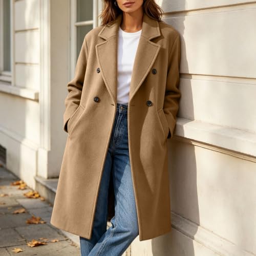 Long Winter Coats for Women Notch Lapel Double Breasted Trench Coat Peacoat - image 6