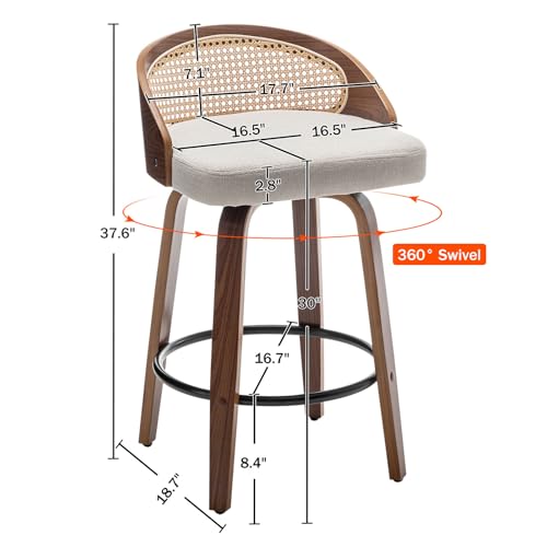 Image of 30 inch Swivel Rattan Bar Stools Set of 2,Mid-Century Modern Beige Linen Fabric Upholstered Counter Height Stools,Kitchen Island Barstools with Rattan Low Backrest,Walnut Wood Finish Bar Chair