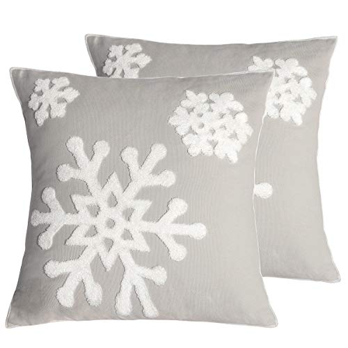 AFIRMLY 18x18,Cotton Christmas Blessing Throw Pillow Cover for Bed Sofa Cushion Car Snowflake Embroideried Pillowcases,1pair Grey