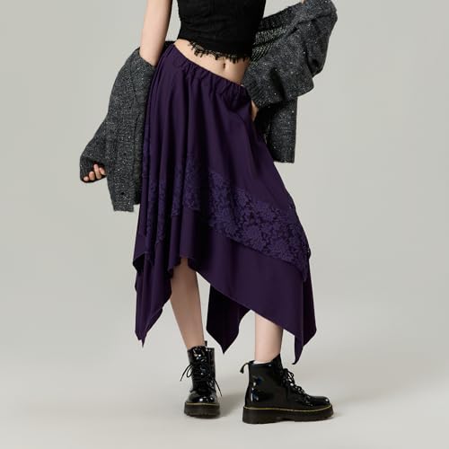 Women's Boho Midi Skirt Flowy Fairy Skirt Y2k Contrast Lace Layered Asymmetrical Skirts Streetwear4