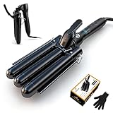 3 Fässer Welleneisen, 25mm Keramik Turmalin Haar Lockenstab Waver Wand mit LCD-Temperaturanzeige, Schnelle Heizung Faltbar Crimpers für Reisen (Schwarz)