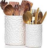 Large 7.3'+5.4' Engraved Ceramic Utensil Holder for Countertop, Cooking Utensils Organizer for Spatula, Large Utensils Crock for Kitchen Counter, Kitchen Decor, set of 2, White