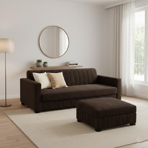 Image of FURNY Almora 4 Seater L Shape Sofa Set with Movable Ottoman | Flexible Left or Right Layout | Plush Velvet Fabric (Dark Brown) | Perfect for Living Room, Guest Room & Office