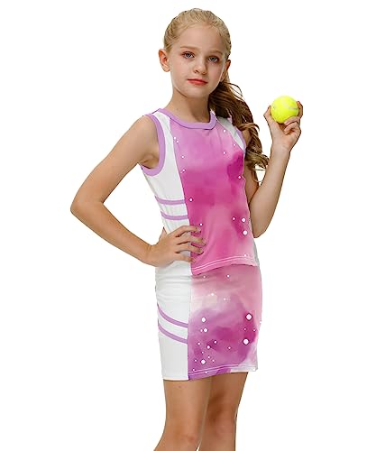 Image of AOBUTE Girls Tennis Golf Outfit Tank Top and Skirt with Shorts Set 4-12 Years