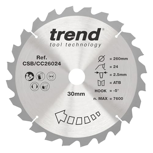 Trend Wood Mitre Saw Blade, 260mm Diameter, 30mm Bore, 24 Teeth, 2.5mm Kerf, -5° Hook, TCT, Coarse Finish, CSB/CC26024
