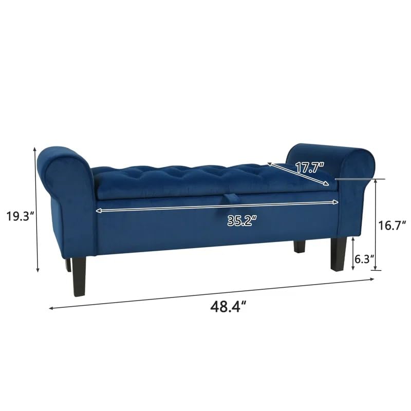 Image of Rolled Arm Storage Ottoman Bench | Tufted Velvet Sofa Bench with Hidden Storage | 2 Seater Bedroom Living Room Window Seating | Upholstered Lounge Bench Footrest End of Bed Seat | Blue