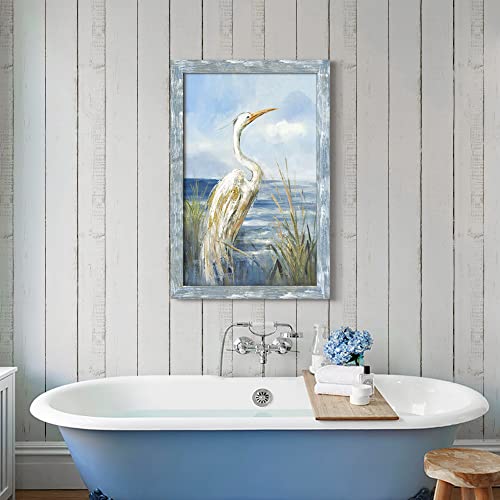 Sea Bird Wall Art Painting: Framed Wooden Blue Coastal Ocean Scene Artwork Heron On Beach Picture Modern Bedroom Bathroom Living Room Decoration Home Office Decor 36”X24” #TOP4