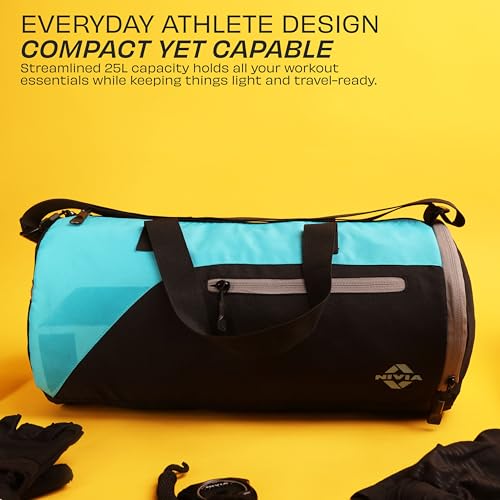 Image of Nivia Fuse Gym Duffle Bag for Men and Women, 25L Lightweight Training and Travel Bag with Shoe Compartment, Quick Access Pockets, and Adjustable Strap, Designed for Athletes, Travel (Black /Sky Blue)