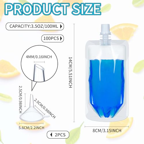 Meanplan 100 Pcs Plastic Pouches Bulk Reusable Squeeze Pouches Clear Plastic Juice Leak Proof Bags with Funnel for Party Favors Supplies(3.5 oz,Straight Mouth)