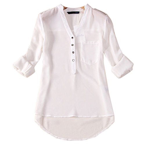 QIYUN.Z Las Mujeres De Color Solido De La Gasa Floja Camisa Blusa Mangas Largas De Las Tapas Boton Cuello En V