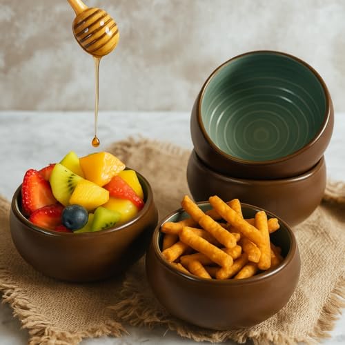 Image of Freakway Handcrafted Ceramic Serving Bowls - Set of 4 | Dual Tone (Brown & Teal) | 150 ml Each | Microwave & Dishwasher Safe
