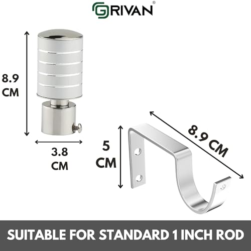 Image of GRIVAN Stainless Steel Curtain Rod Holders for Wall | Door Window Curtain Brackets | Parda Holder Set | Curtain Finials Knobs Accessories for 1 inch Rod (Silver, Pair of 8)