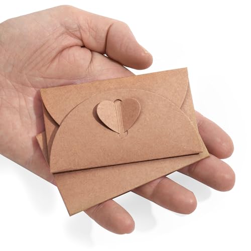 Mini Briefumschläge mit Herz Verschluss (Set, 50 Umschläge, 50 Karten  Mit besten Wünschen) Kraftpapier