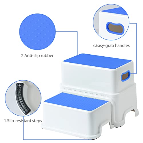 Image of Victostar 2 Step Stool for Kids, Anti-Slip Sturdy Toddler Two Step Stool for Toilet Potty Training, Bathroom,Kitchen (Blue)