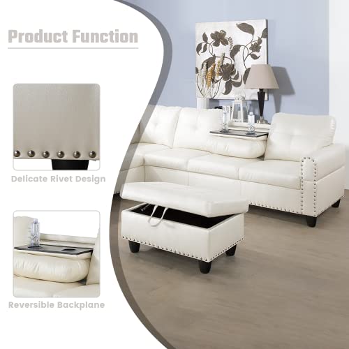 97" Wide Rivet Designed L-Shaped Sofa Set 3 Pieces Faux Leather Couch and Chaise with Extra Storage Ottoman for Living Room/Office/Apartment (Left-Hand Facing, White)