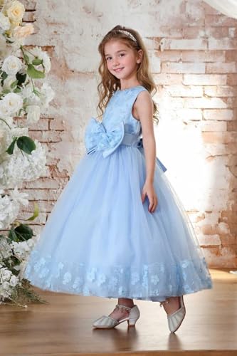 Tulle Flower Girl Dresses for Wedding with Appliques Pageant Dresses Crewneck Sleeveless Formal Ball Gown with Bow2