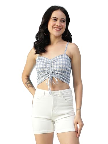 Image of oxolloxo Women Satin Chiffon Print V-Neck Smocked Shoulder Strap Sleeveless Tie-Up Detail Crop Top