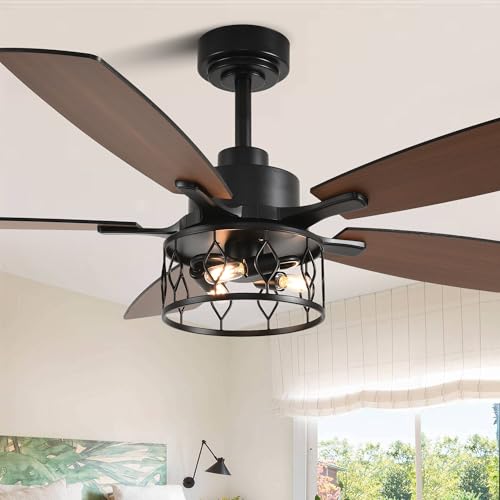 Image of Dawn Whisper 52 Inch Black Ceiling Fans with Lights Farmhouse Ceiling Fan with Remote for Bedroom Living Room Caged Classic Chandelier Fan for Indoor(NO Bulbs