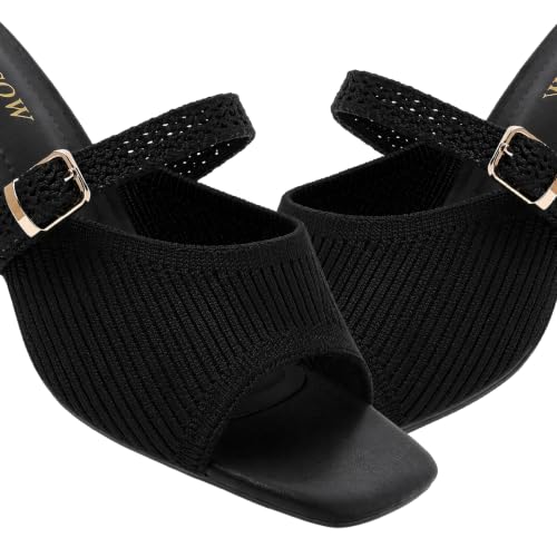 Image of Tilocow Knit Heeled Sandals for Women Square Open Toe Heeled Mules Chunky Block Low Heel Slip On Slides
