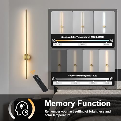 Image of Battery Operated Modern Wall Sconces Set of Two,Rechargeable Wireless Wall Lights with Remote Control,Dimmable,3CCT,Timer,360Rotation,Cordless Lighting for Bedroom,Living Room,Hallway,Brass,39.3 Inch