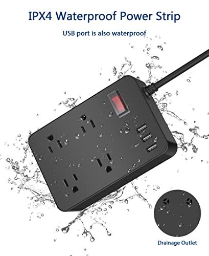Outdoor Power Strip Weatherproof,Waterproof Surge Protector with 4 Outlets,3 USB,Shockproof Overload Protection, Multi Outlet Extension for Camping, Garden, Kitchen, Bathroom, 6ft Cord,with Flat Plug