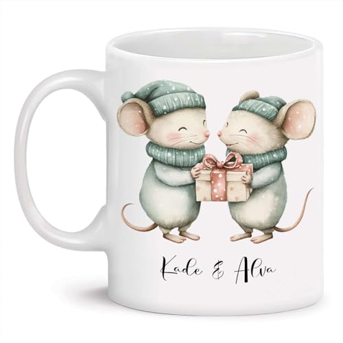 Cute Mouse Couple Mug With Custom Name, Customized Ceramic Cup Gift For Couples, Personalized Christmas Themed Coffee Cup 11oz Or 15oz, Animal Lover White Mug, Festive Keepsake Cup