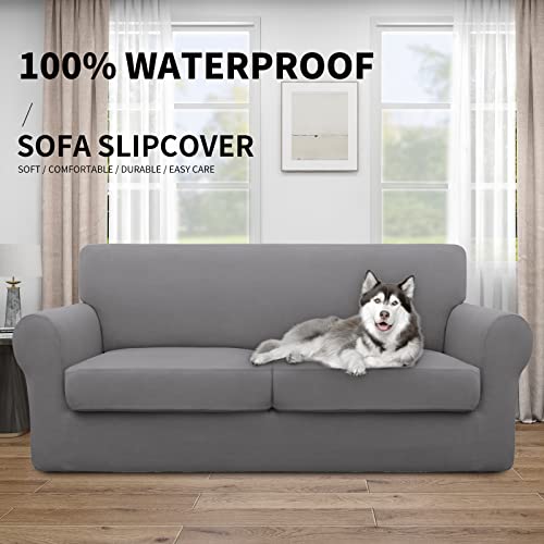 Image of Easy-Going Waterproof 3-Piece Oversized Loveseat Couch Covers for Sofa | 3-Piece Set Spandex Sofa Cover Slipcover Elastic Bottom Dog Pet Friendly Light Gray
