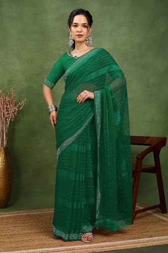 Image of MIRCHI FASHION Saree for Woman Georgette Solid with Satin Stripes | Stone Border Farewell and Ceremonial Sari with Blouse Piece