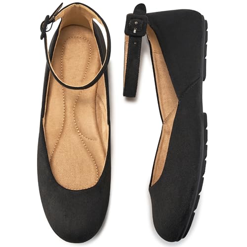HARENCE Ballet Flats Shoes for Women: Comfortable Round Toe Ankle Strap Slip on Casual Dress Flat for Office Work Business