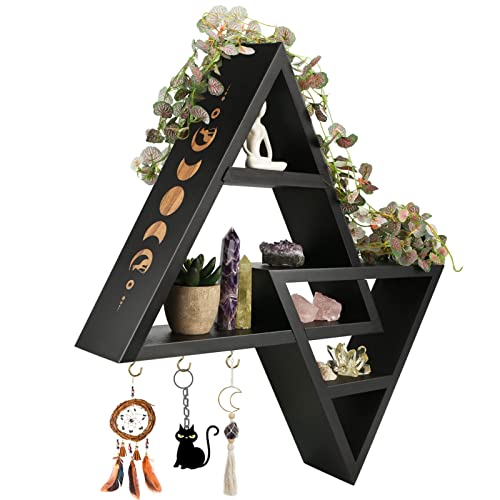 ANROYE Moon Phases Triangle Shelf with Hooks, Wiccan Black Wood Crystal Shelves for Storage Women Jewelry Gem Stone, Pagan Pyramid Geometrical Decor Holder Display for Altar Meditation