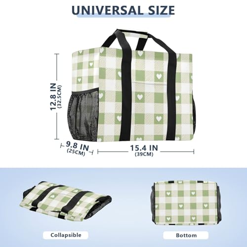 Grey-green Love Check Utility Totes Collapsable Water Resistant with Handles Beach Tote Bag3