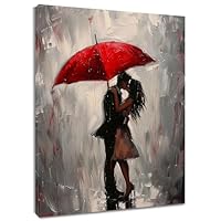 HVEST Lovers Wall Art for Bathroom Couple Kissing in Rain with Red Umbrella Pictures Wall Decor Romantic Framed Canvas Wall Art for Living Room Bedroom Home Office Decor Posters,16L X 12W Inches
