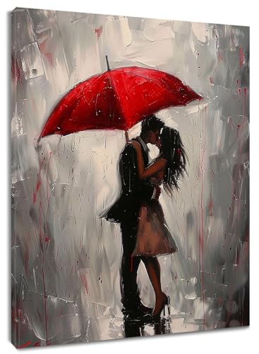 HVEST Lovers Wall Art: Couple in Rain With Red Umbrella