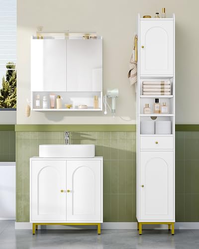 Hzuaneri Ensemble de Meubles de Salle de Bain, Meuble sous Lavabo 60 cm, Armoire Murale Salle de Bain Miroir LED, pour Salle de Bain, Toilettes, Buanderie, Blanc,...