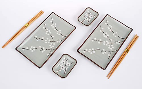 Hinomaru Collection Sakura Cherry Blossom Design 6 Piece Sushi Dinner Set Rectangular Sushi Plate Sauce Dish And Chopsticks Sushi Dinner Set For Two (Soshun Sakura) #TOP1