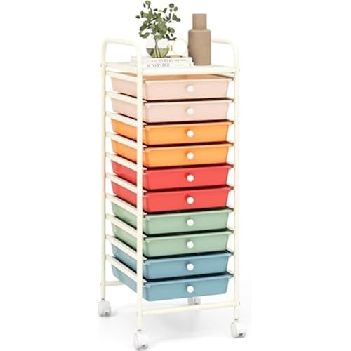 Storage Cart, Rolling Utility Cart with 10 Drawers, Portable Handles & Lockable Wheels, Mobile Paper Toys Storage Organizer Large Capacity for Home Office School Teacher (Macaron)