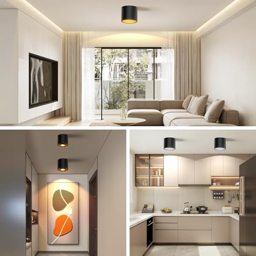 Image of 3-Color&Watt Zoomable Ceiling Spotlight Fixtures, Flush Mount Ceiling Light Fixture Dimmable LED Spot Lights Indoor, 4.72 inch Cylinder Light for Hallway Kitchen Entryway Foyer, 30W Black