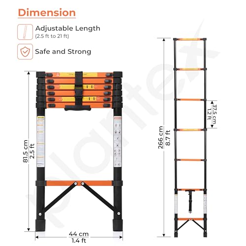 Image of Plantex 2.7m (8.85 ft.) Telescopic Ladder /Carbon Steel 7-Steps Portable & Compact Ladder /Foldable Multipurpose Collapsible Ladder for Home & Outdoor Use - (Orange)