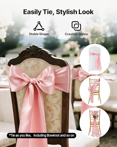 Image of VEVOR Satin Chair Sashes Bows, Chair Ribbon Ties Back Sash, 7 x 108 inch, Wedding Reception Decoration, for Wedding Ceremony Baby Shower Party Events Banquet Cover Decoration (Rose Gold, 100pcs)