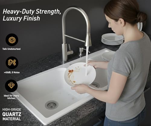 Image of EVANEX Quartz Sink for Kitchen|45x20x9 inch Double Bowl Kitchen Sink with Drain Board|Matt Finish|White Quartz Kitchen Sink with Sink Connector, Waste Pipe, Coupling and Drain Basket