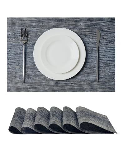 Leetaltree Denim Blue Placemats Set of 6 - Heat Resistant Non-Slip Place mats for Dining Table, Washable Durable PVC Vinyl Woven Table Mats（Denim Blue, 6）