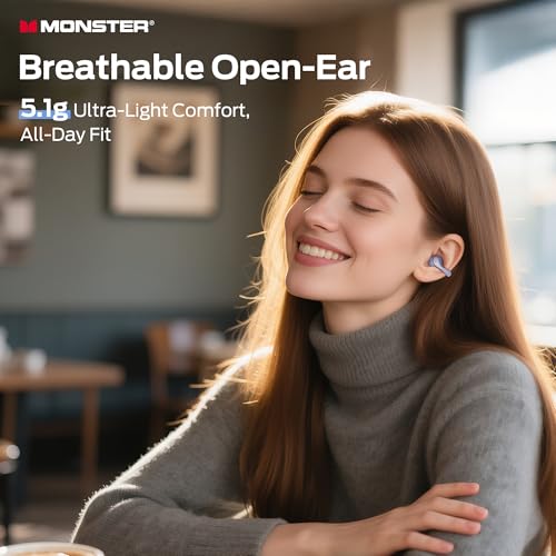 Image of Monster Open Ear AC225 Headphones, Bluetooth 6.0 Wireless Earbuds, Stereo Sound, Lightweight Comfort Clip-On Earbuds with ENC Mic for Clear Calls, 36H Playtime, Touch Control, IPX6 Waterproof, Purple