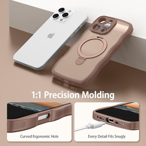 Image of GUAGUA for iPhone 16 Pro Max Case with Stand, Magnetic Cases Curly Wavy Edge Anti-Slip Translucent Matte Back Invisible Ring Shockproof Kickstand Cover for iPhone 16 Pro Max, Brown