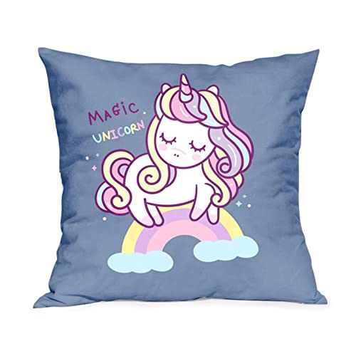 Funda de cojín de unicornio mágico azul con patrón de doble cara de dibujos animados...