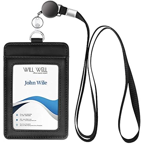Will Well Genuine Leather ID Badge Holder with Retractable Lanyard Cover