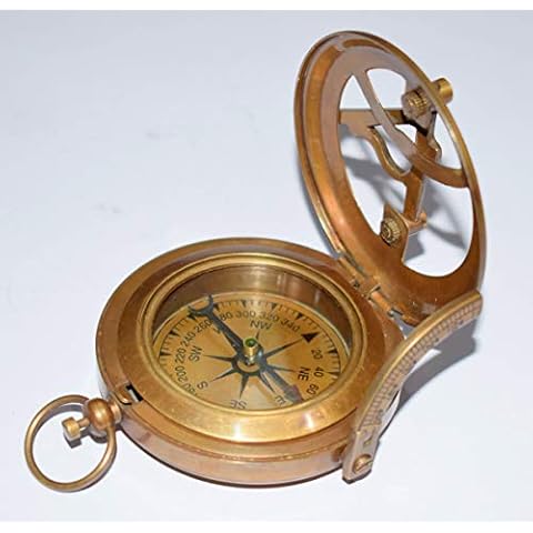 india.nautical.store Antique Style Brass Compass Pocket Compass Push Button Sundial Compass Cover