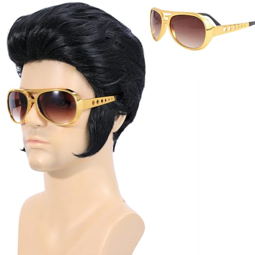 morvally 4pcs Set 50s Rocker Legend Wig for Men 60s Rock n Roll Singer Costume Cosplay Halloween Party Including Sunglasses
