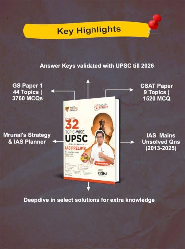 Image of Disha 32 Topic-wise UPSC Civil Services IAS Prelims Previous Year Solved Papers 1 & 2 (1995 - 2026) 17th Edn | FREE Unsolved Mains GS & Essay Qns (2013-25) | General Studies & CSAT PYQs for 2027