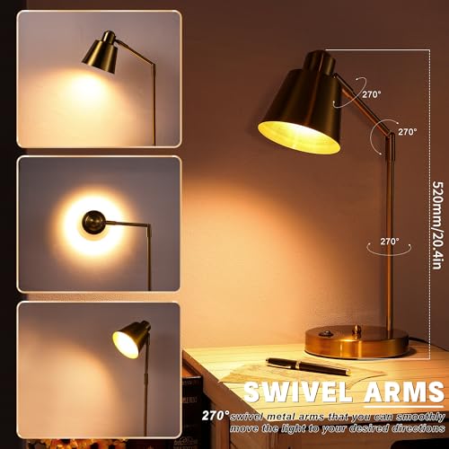 Image of Anxingtools LED Desk Lamp with Dual USB Charging Ports, 100% Metal, 270 Swivel Arms, Soft White Light (3000K), Bedside Reading Lamp, Home Office Lamp(Golden)